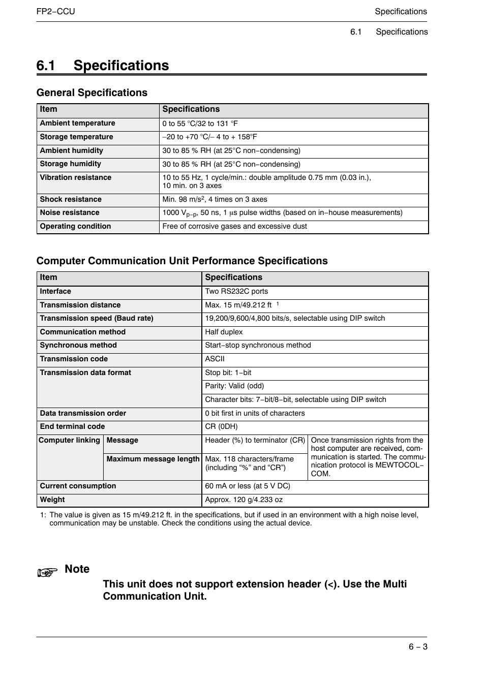 1 specifications, General specifications | Panasonic FP2 User Manual | Page 45 / 56