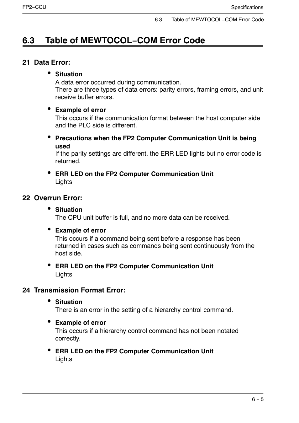 3 table of mewtocol−com error code | Panasonic FP2 User Manual | Page 47 / 56