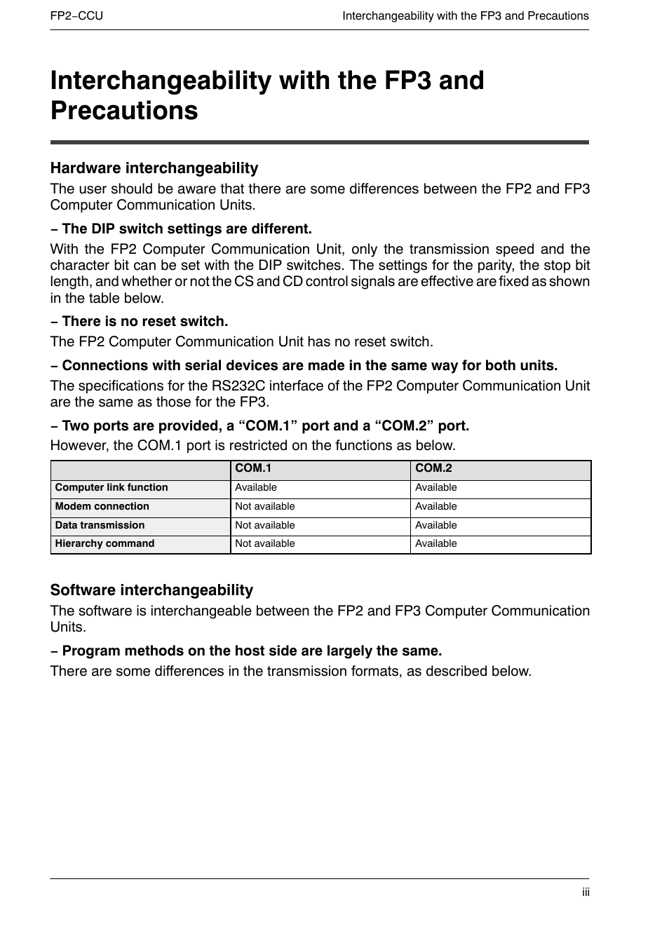 Interchangeability with the fp3 and precautions, Hardware interchangeability, Software interchangeability | Panasonic FP2 User Manual | Page 5 / 56