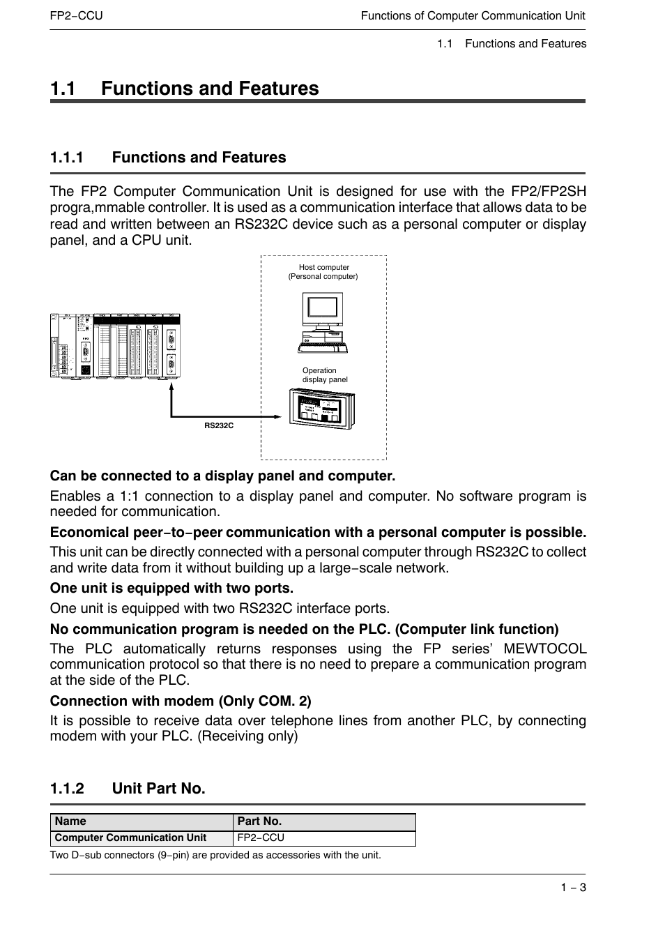 1 functions and features, 2 unit part no | Panasonic FP2 User Manual | Page 9 / 56