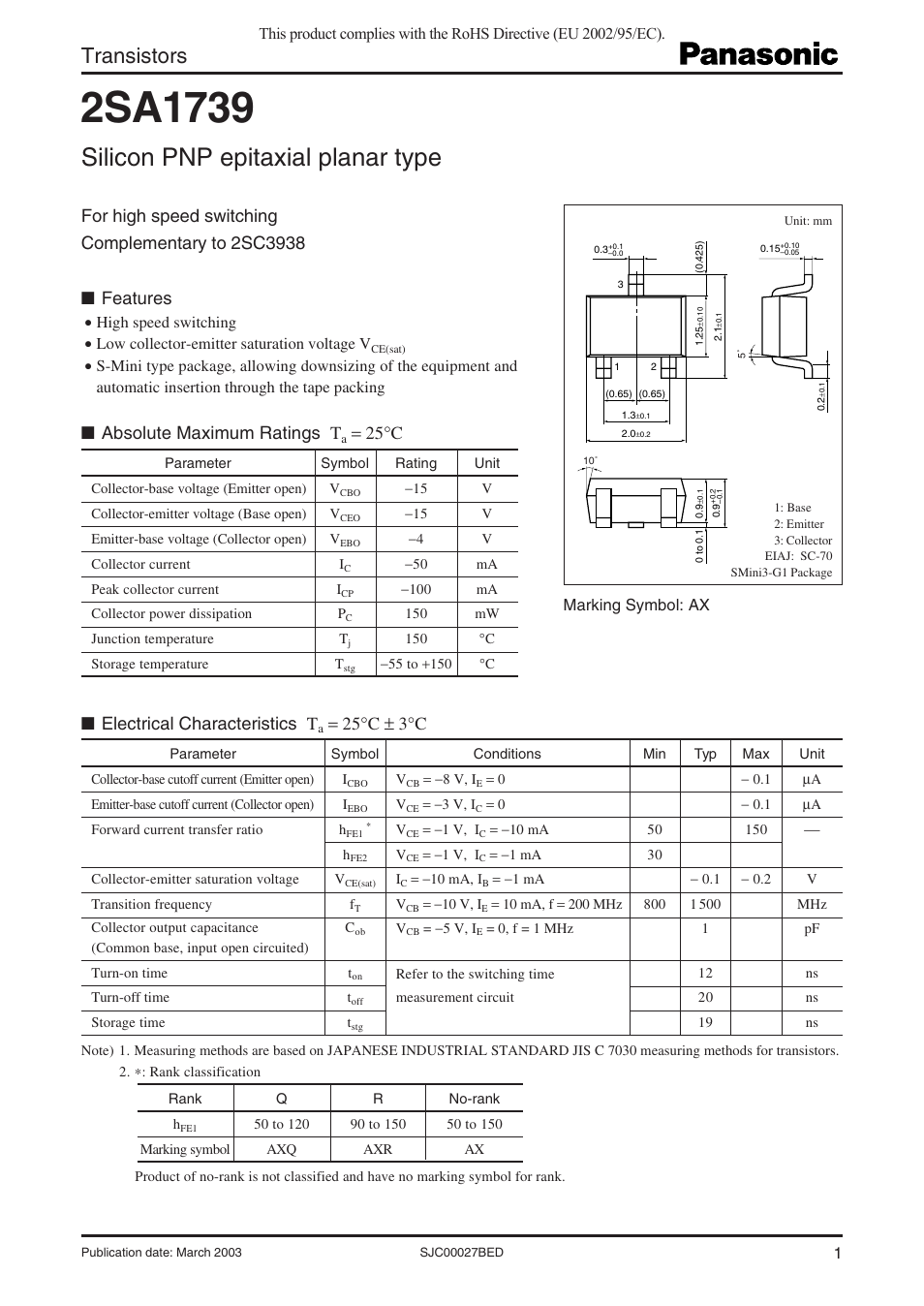 Panasonic 2SA1739 User Manual | 3 pages
