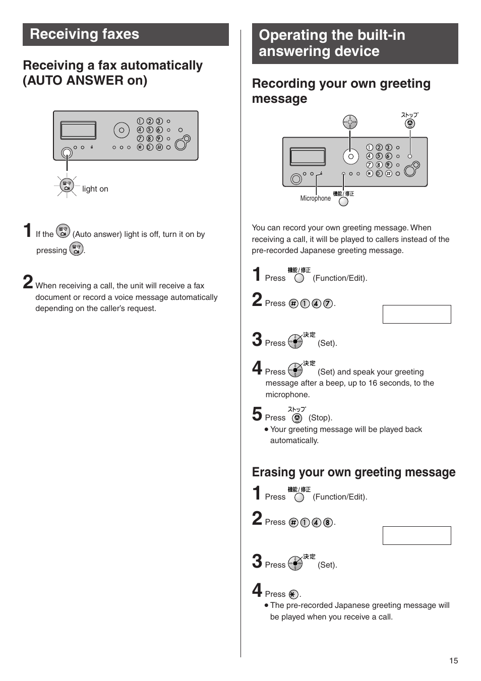 Receiving faxes, Operating the built-in answering device, Receiving a fax automatically (auto answer on) | Recording your own greeting message, Erasing your own greeting message | Panasonic KX-PW513DW User Manual | Page 15 / 20