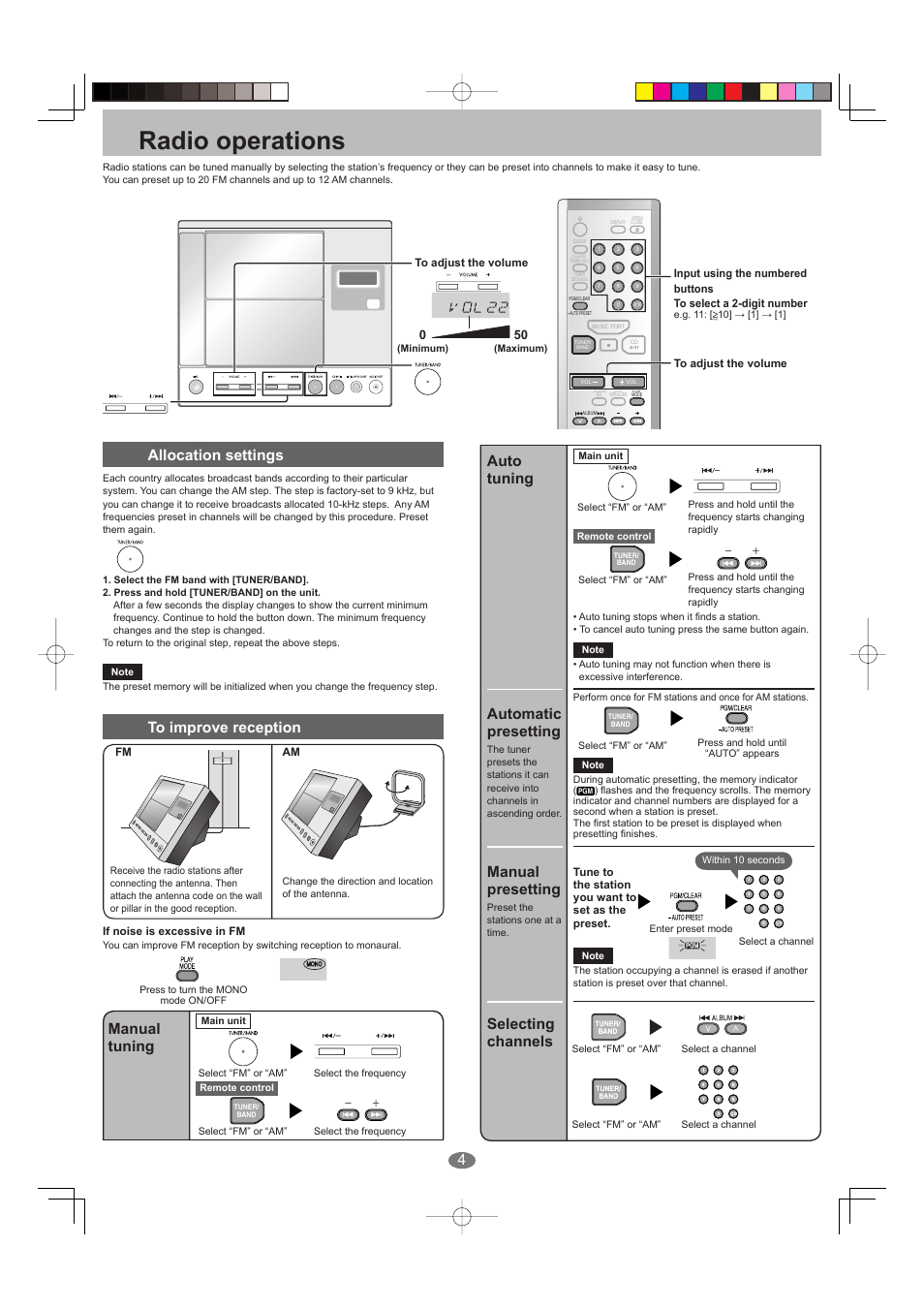 Radio operations, Allocation settings, Manual tuning | Automatic presetting, Auto tuning manual presetting, Selecting channels | Panasonic SC-EN27 User Manual | Page 4 / 8