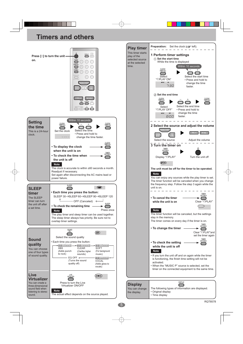 Timers and others, Setting the time, Sleep timer | Sound quality, Live virtualizer, Play timer, Display, 1 perform timer settings, 2 select the source and adjust the volume, 3 turn the timer on | Panasonic SC-EN27 User Manual | Page 5 / 8