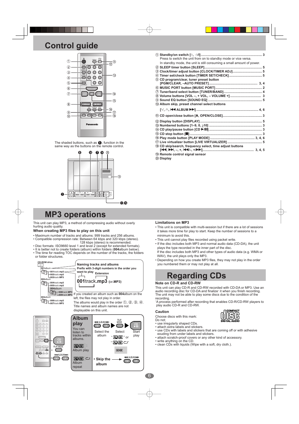 Control guide, Mp3 operations, Regarding cds | 001 track .mp3, Album play, When creating mp3 fi les to play on this unit, Skip the album, Limitations on mp3, Caution | Panasonic SC-EN27 User Manual | Page 6 / 8