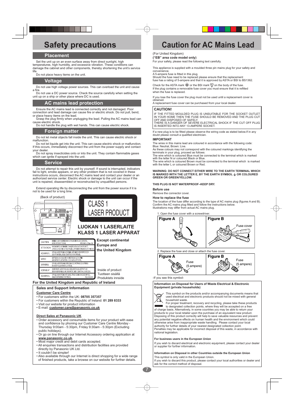 Safety precautions, Caution for ac mains lead, Class 1 laser product | Placement, Voltage, Ac mains lead protection, Foreign matter, Service luokan 1 laserlaite klass 1 laser apparat | Panasonic SC-EN27 User Manual | Page 7 / 8
