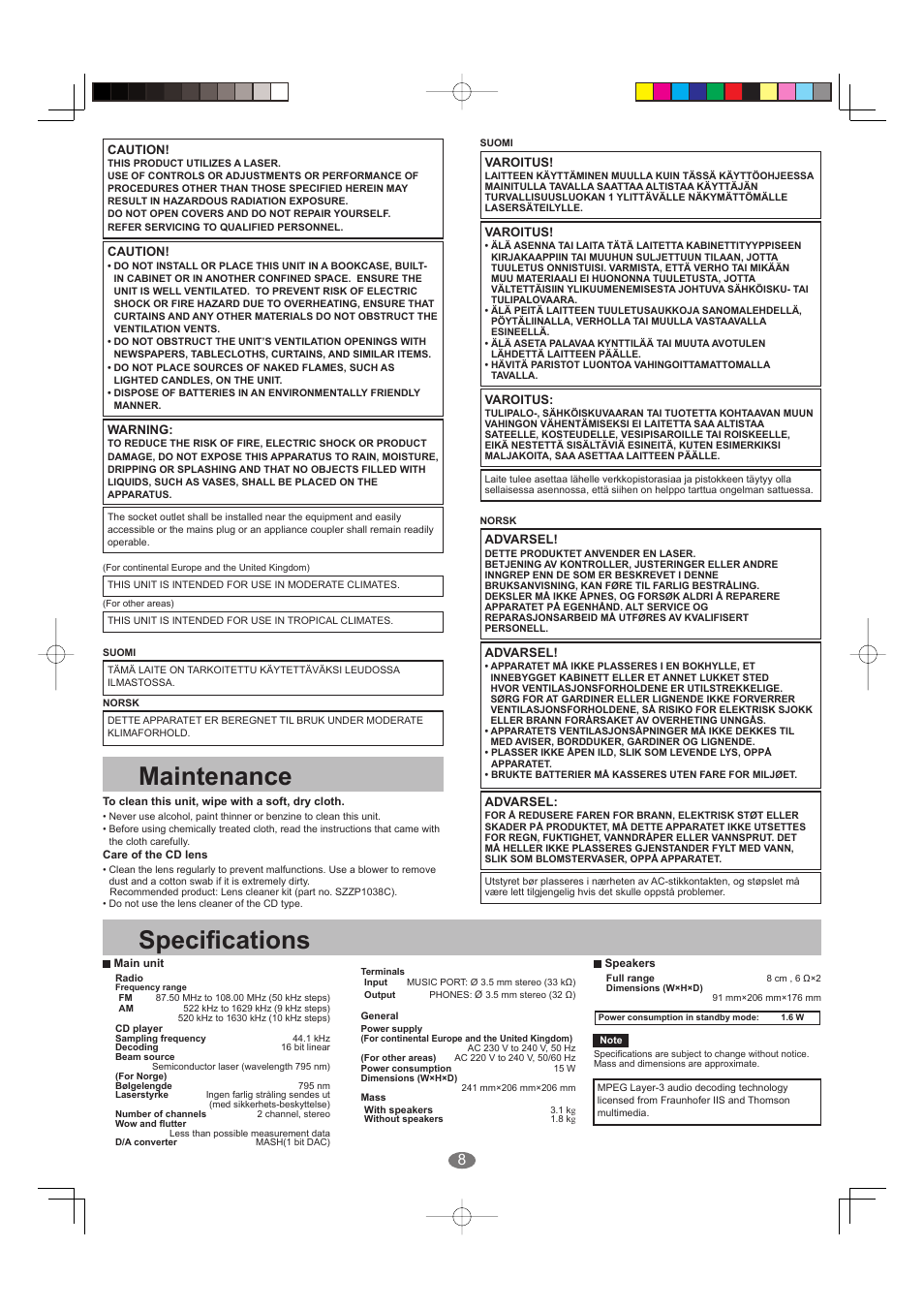 Specifi cations, Maintenance | Panasonic SC-EN27 User Manual | Page 8 / 8