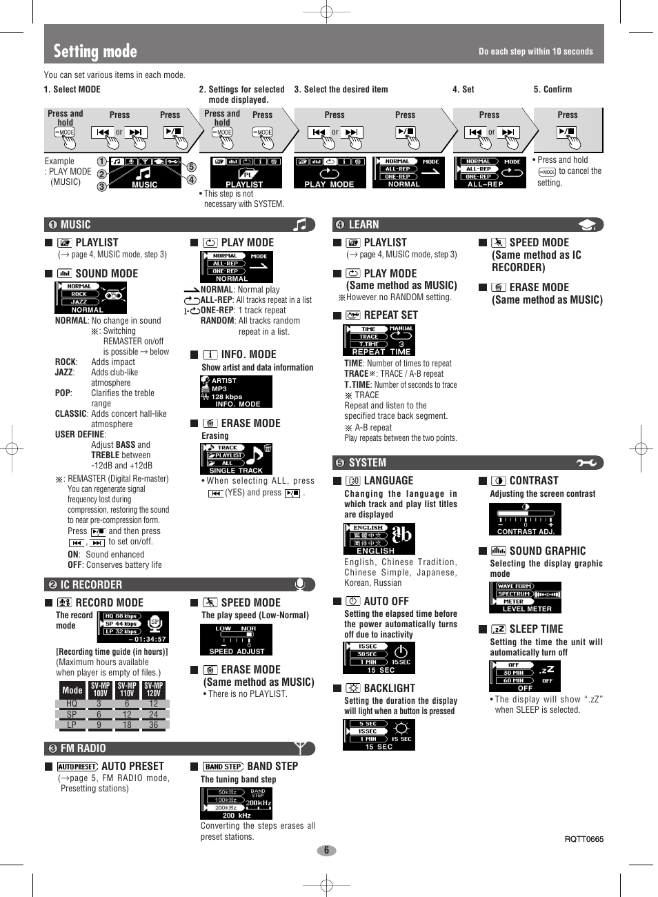 Setting mode | Panasonic SV-MP100V User Manual | Page 6 / 6