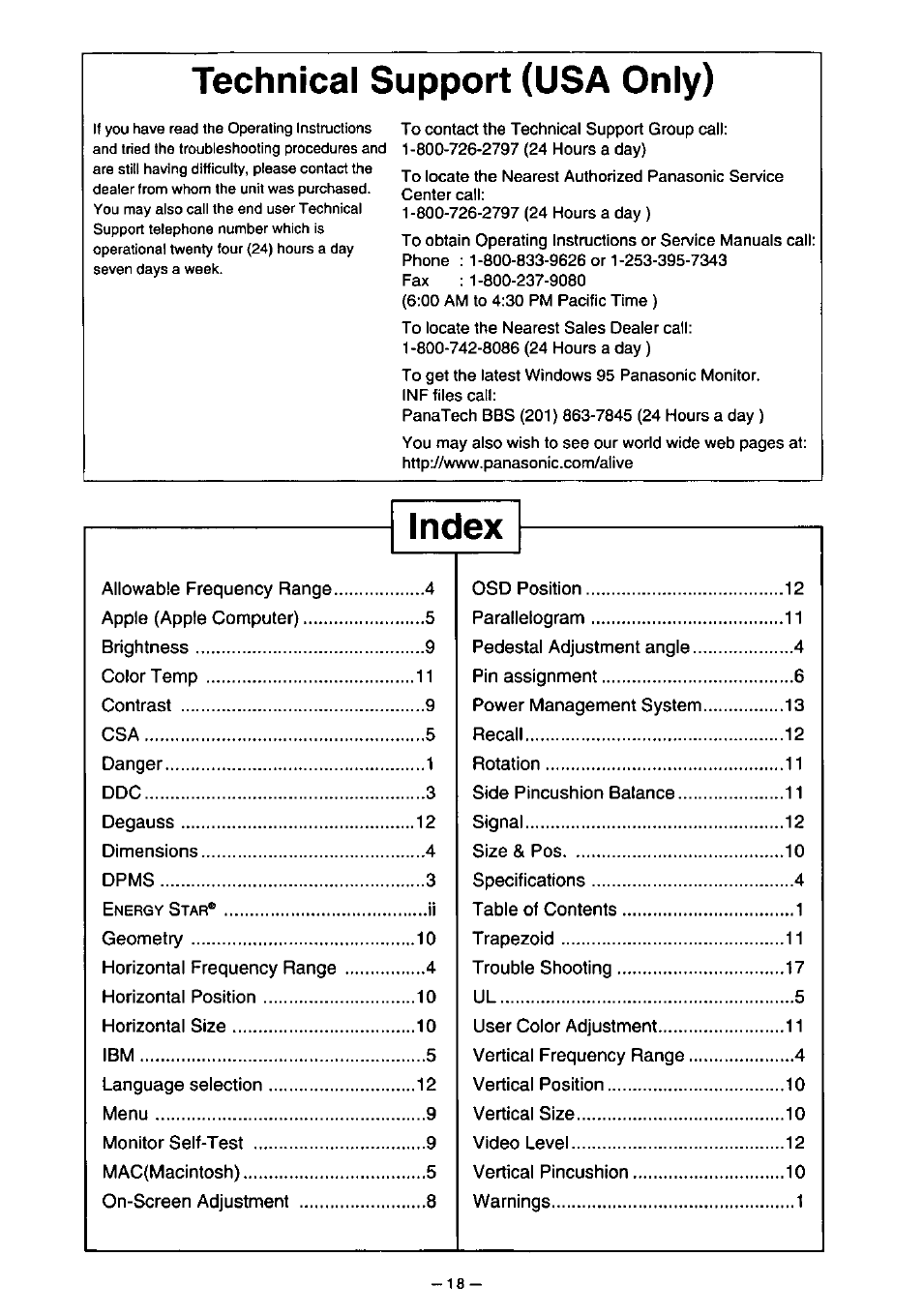 Technical support (usa only), Index | Panasonic PANASYNC TX-D7F21 User Manual | Page 22 / 64