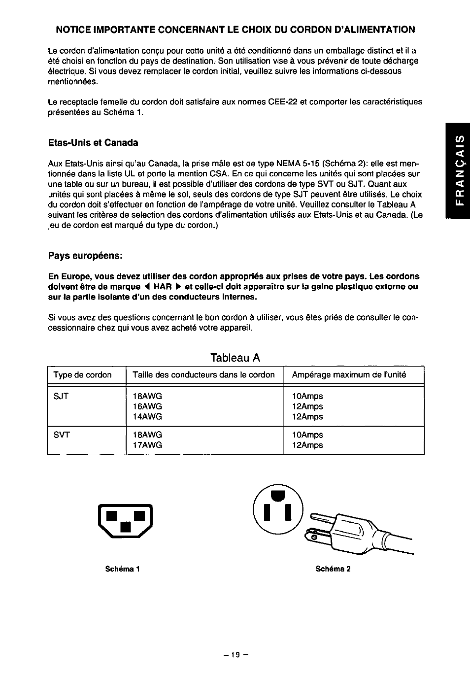 Etas-unis et canada, Pays européens, Tableau a | Panasonic PANASYNC TX-D7F21 User Manual | Page 23 / 64
