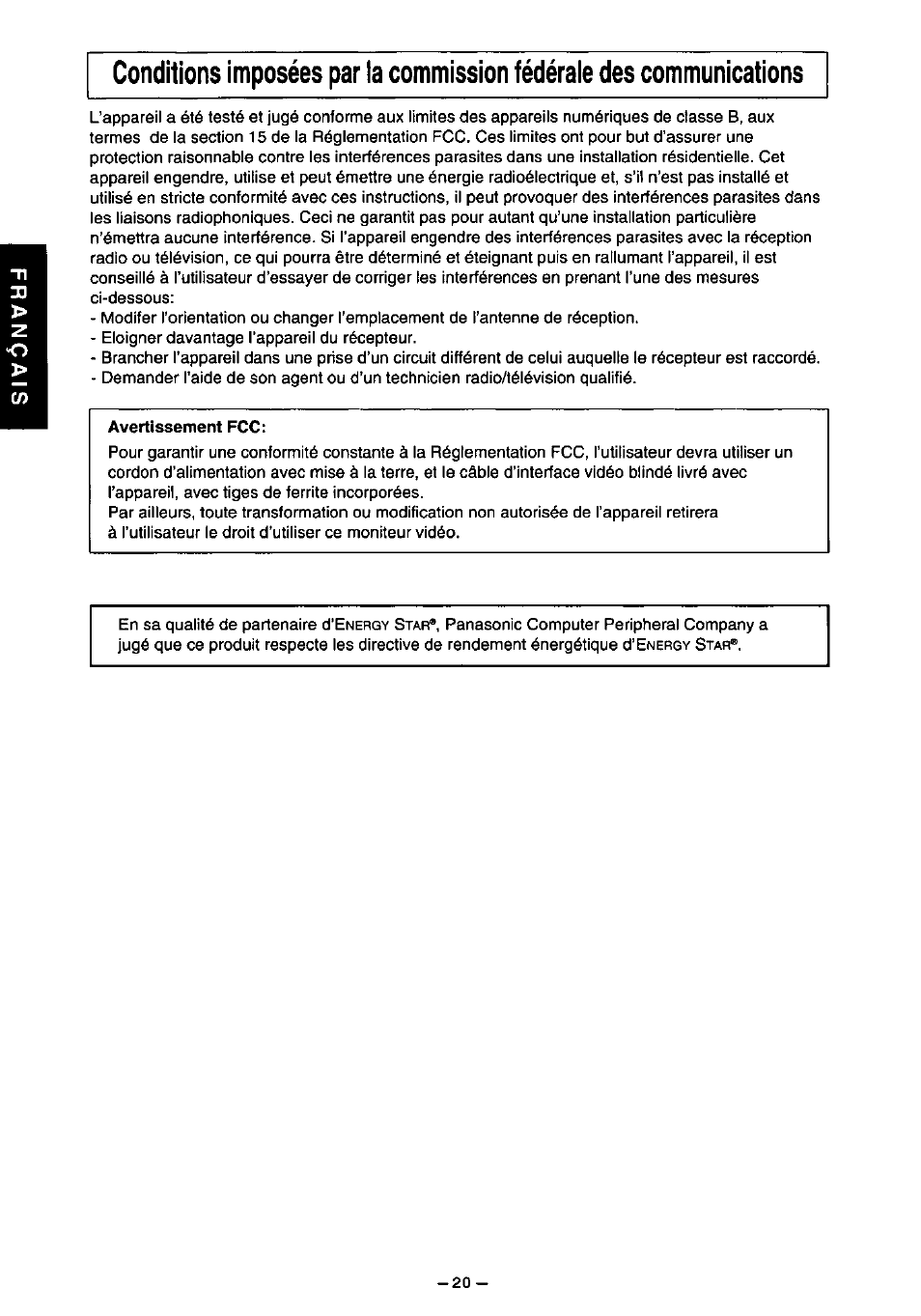 Avertissement fcc | Panasonic PANASYNC TX-D7F21 User Manual | Page 24 / 64
