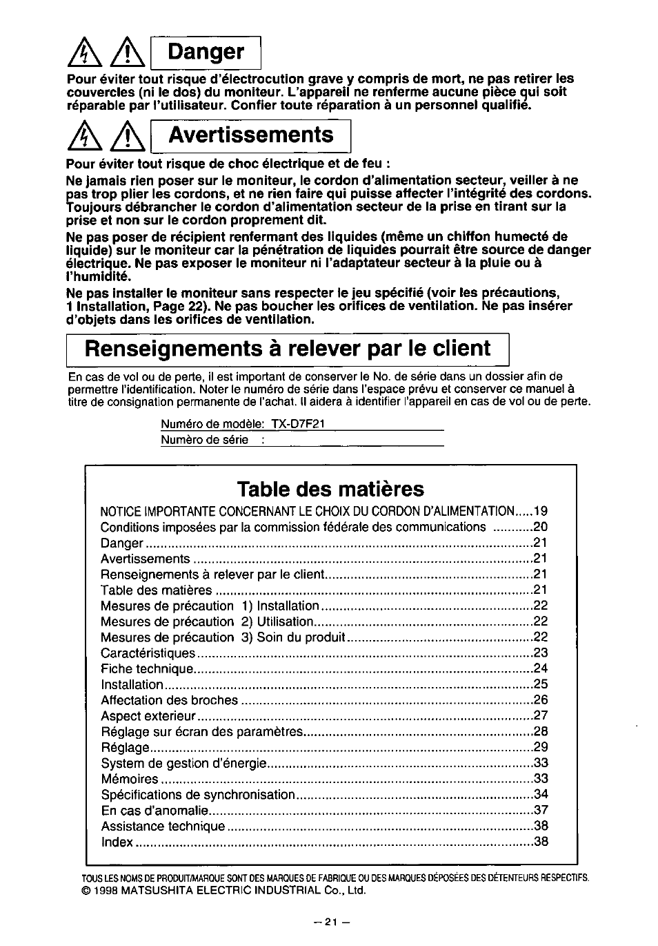 Panasonic PANASYNC TX-D7F21 User Manual | Page 25 / 64