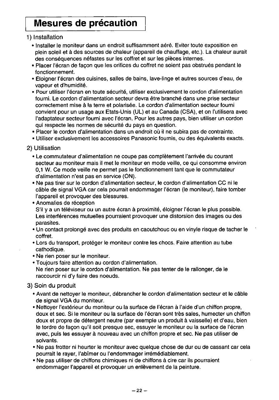 Mesures de précaution, 1) installation, 2) utilisation | 3) soin du produit | Panasonic PANASYNC TX-D7F21 User Manual | Page 26 / 64
