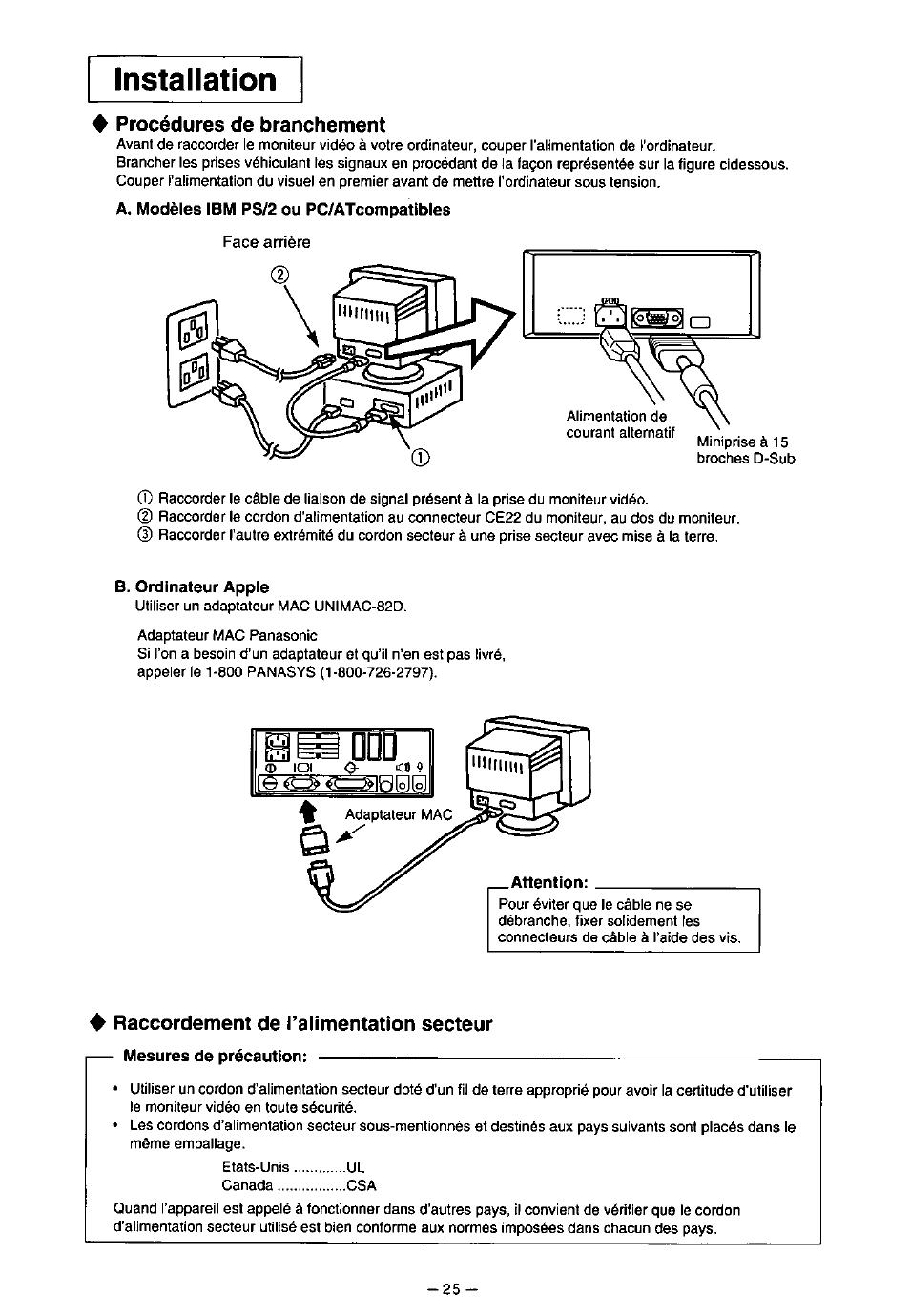 4 procédures de branchement, 4 raccordement de l’alimentation secteur, Uuu 1 | Installation | Panasonic PANASYNC TX-D7F21 User Manual | Page 29 / 64
