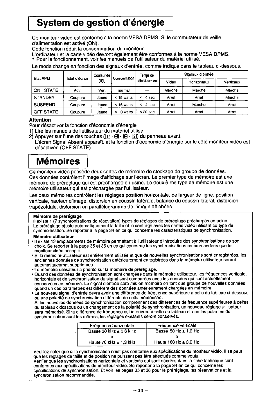 Attention, System de gestion d’énergie, Mémoires | Panasonic PANASYNC TX-D7F21 User Manual | Page 37 / 64