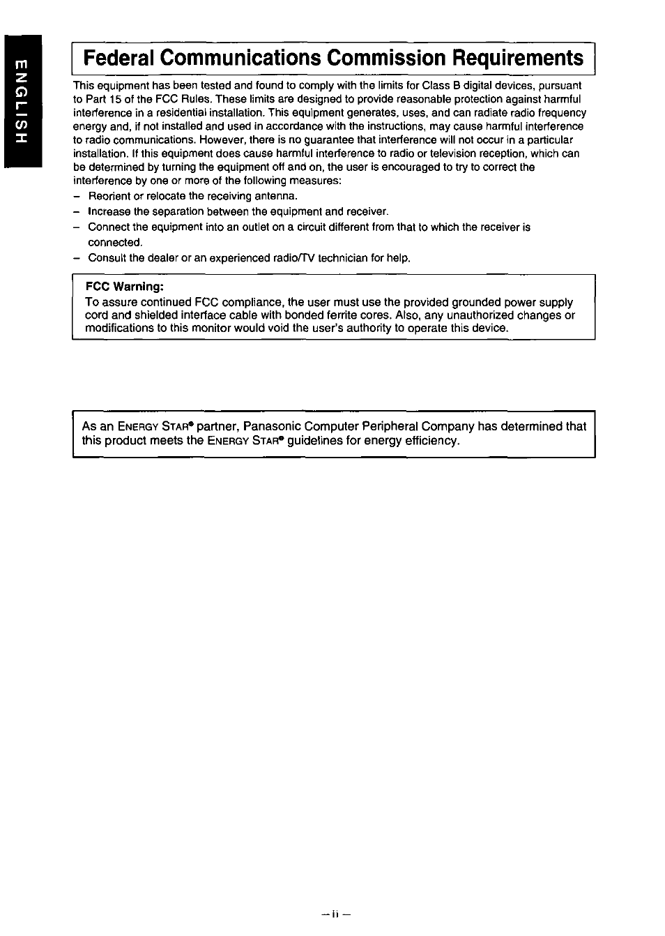 Fcc warning, Federal communications commission requirements | Panasonic PANASYNC TX-D7F21 User Manual | Page 4 / 64