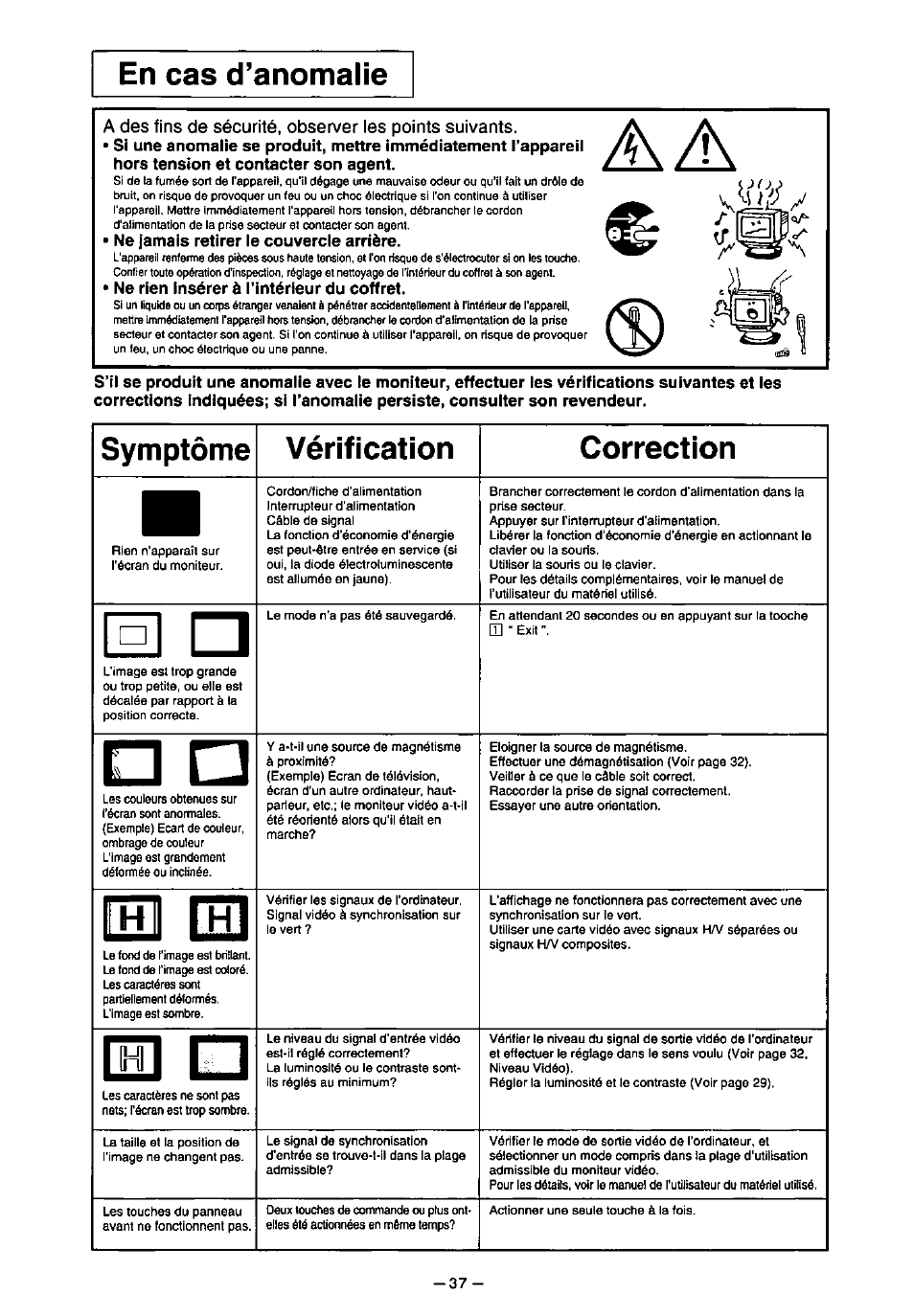 Lei el, Rïïl, En cas d’anomalie | Symptôme vérification correction | Panasonic PANASYNC TX-D7F21 User Manual | Page 41 / 64