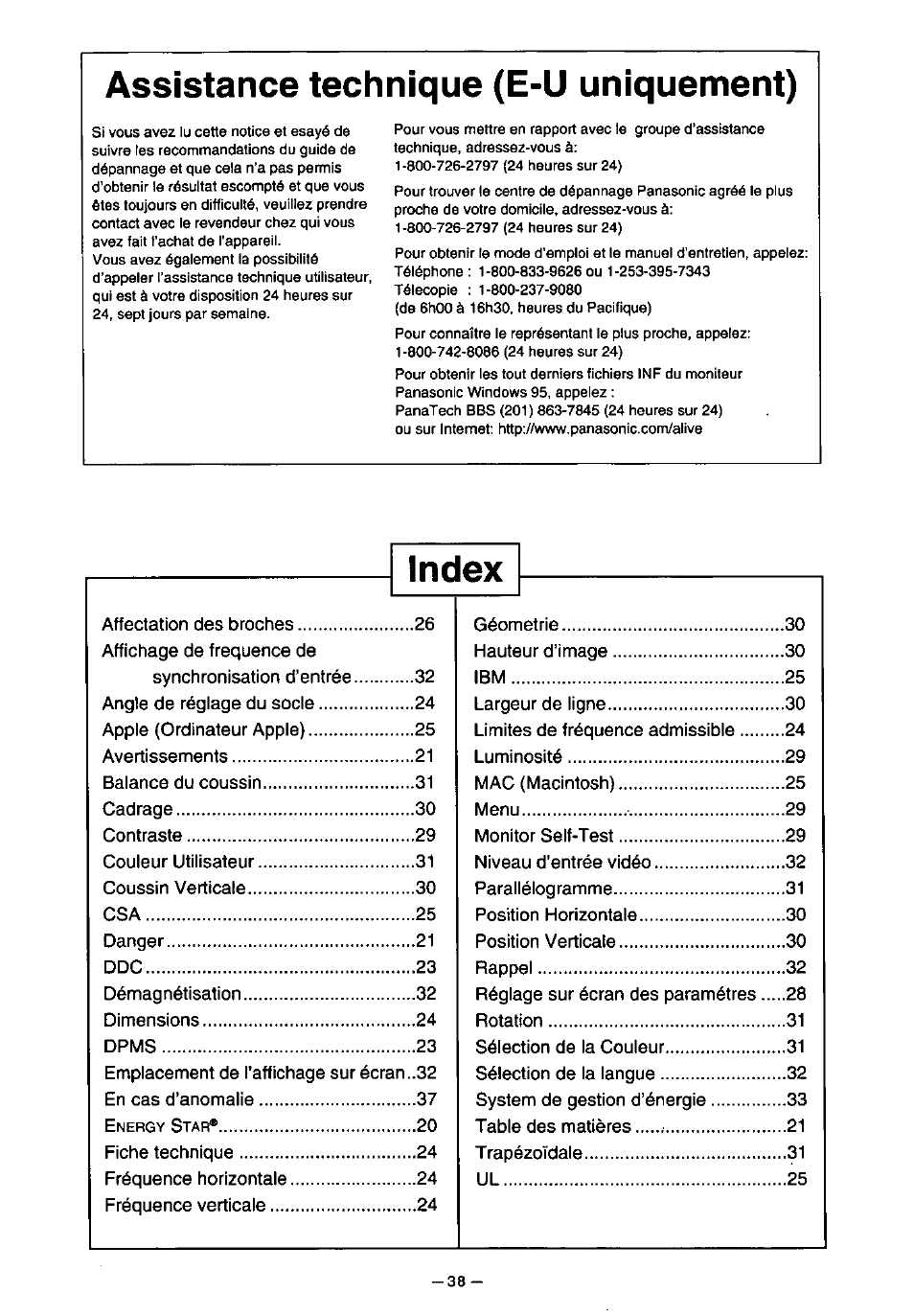 Assistance technique (e-u uniquement), Index | Panasonic PANASYNC TX-D7F21 User Manual | Page 42 / 64