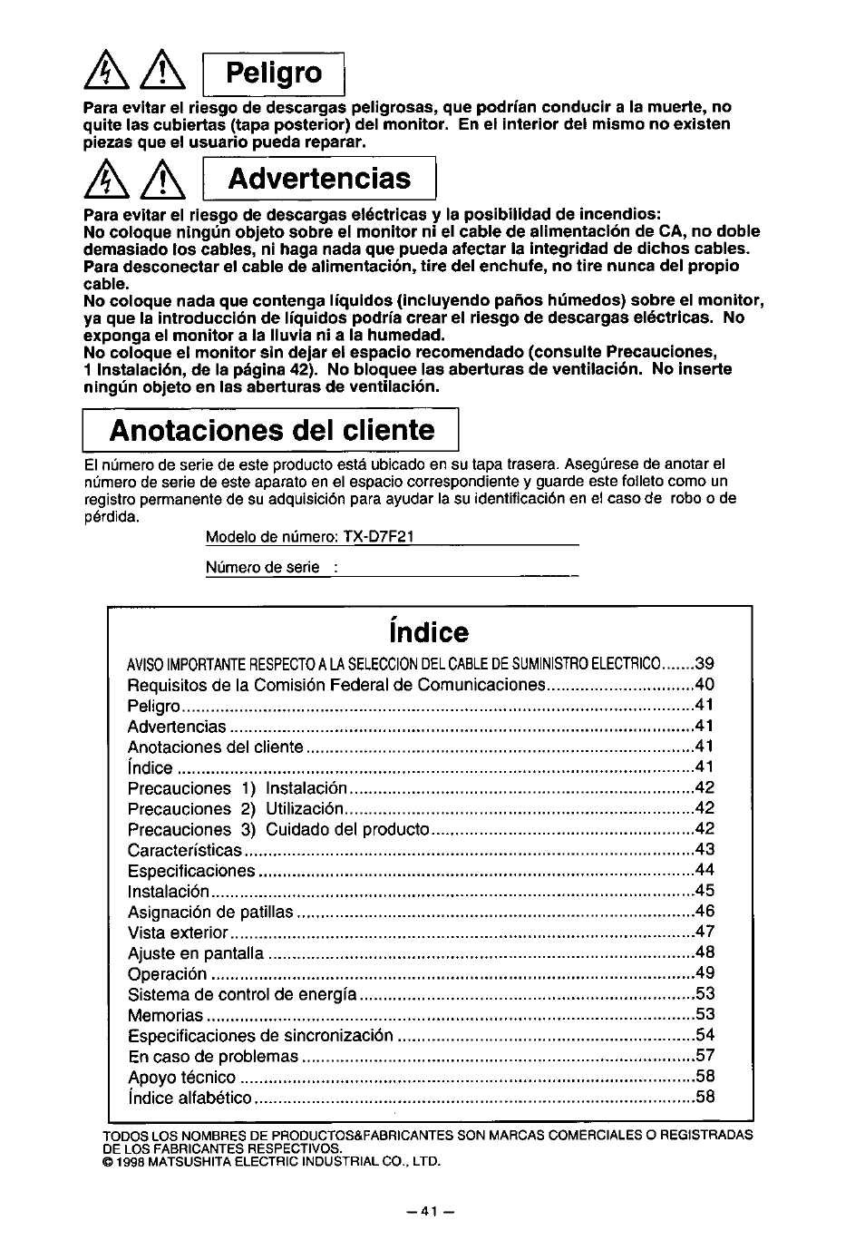 Peligro, Advertencias, Anotaciones del cliente | Indice | Panasonic PANASYNC TX-D7F21 User Manual | Page 45 / 64