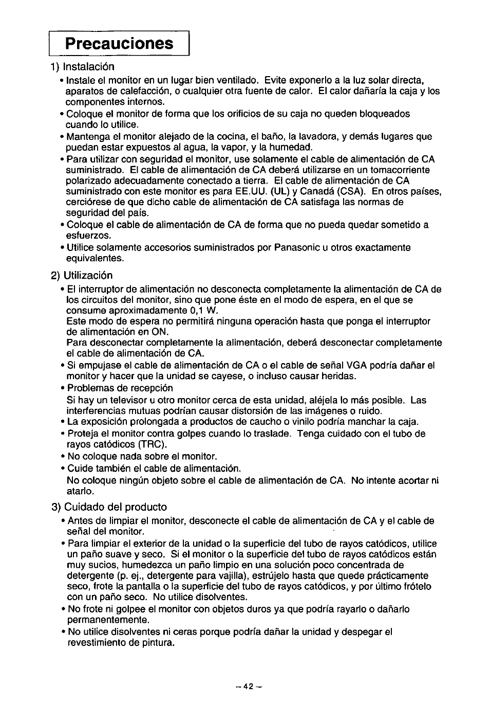 Precauciones | Panasonic PANASYNC TX-D7F21 User Manual | Page 46 / 64