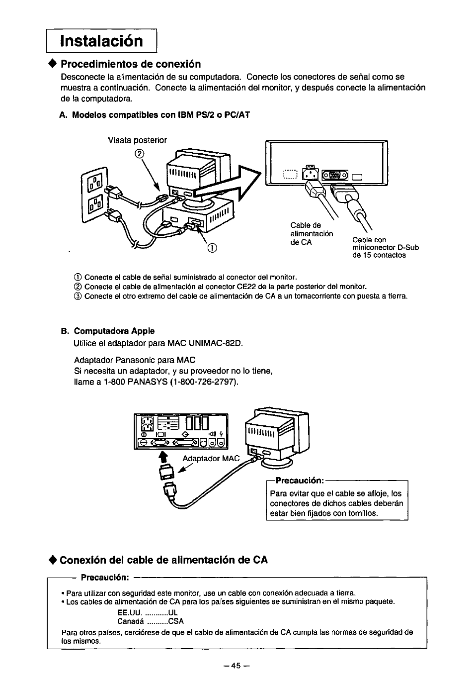 4 procedimientos de conexión, 4 conexión det cable de alimentación de ca, Instalación | Panasonic PANASYNC TX-D7F21 User Manual | Page 49 / 64