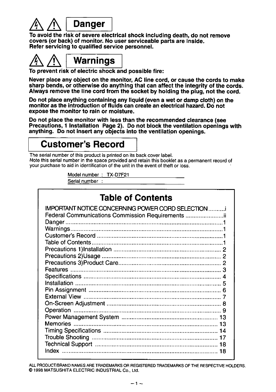 Panasonic PANASYNC TX-D7F21 User Manual | Page 5 / 64
