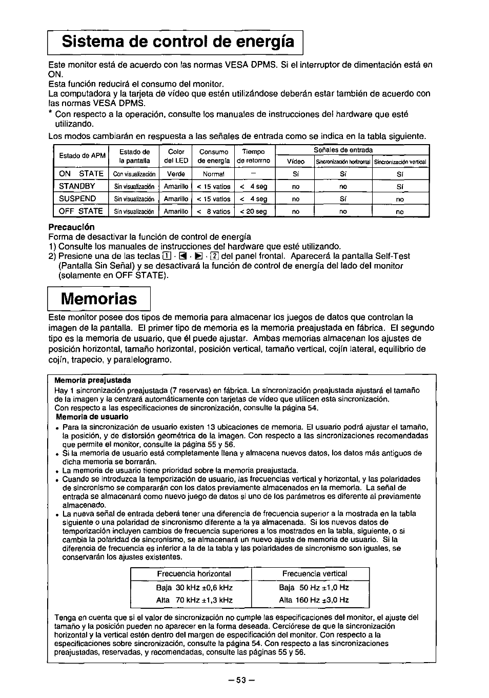 Precaución, Sistema de control de energia | Panasonic PANASYNC TX-D7F21 User Manual | Page 57 / 64