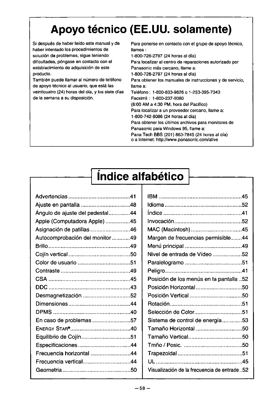 Apoyo técnico (ee.uu. solamente), Indice alfabético | Panasonic PANASYNC TX-D7F21 User Manual | Page 62 / 64