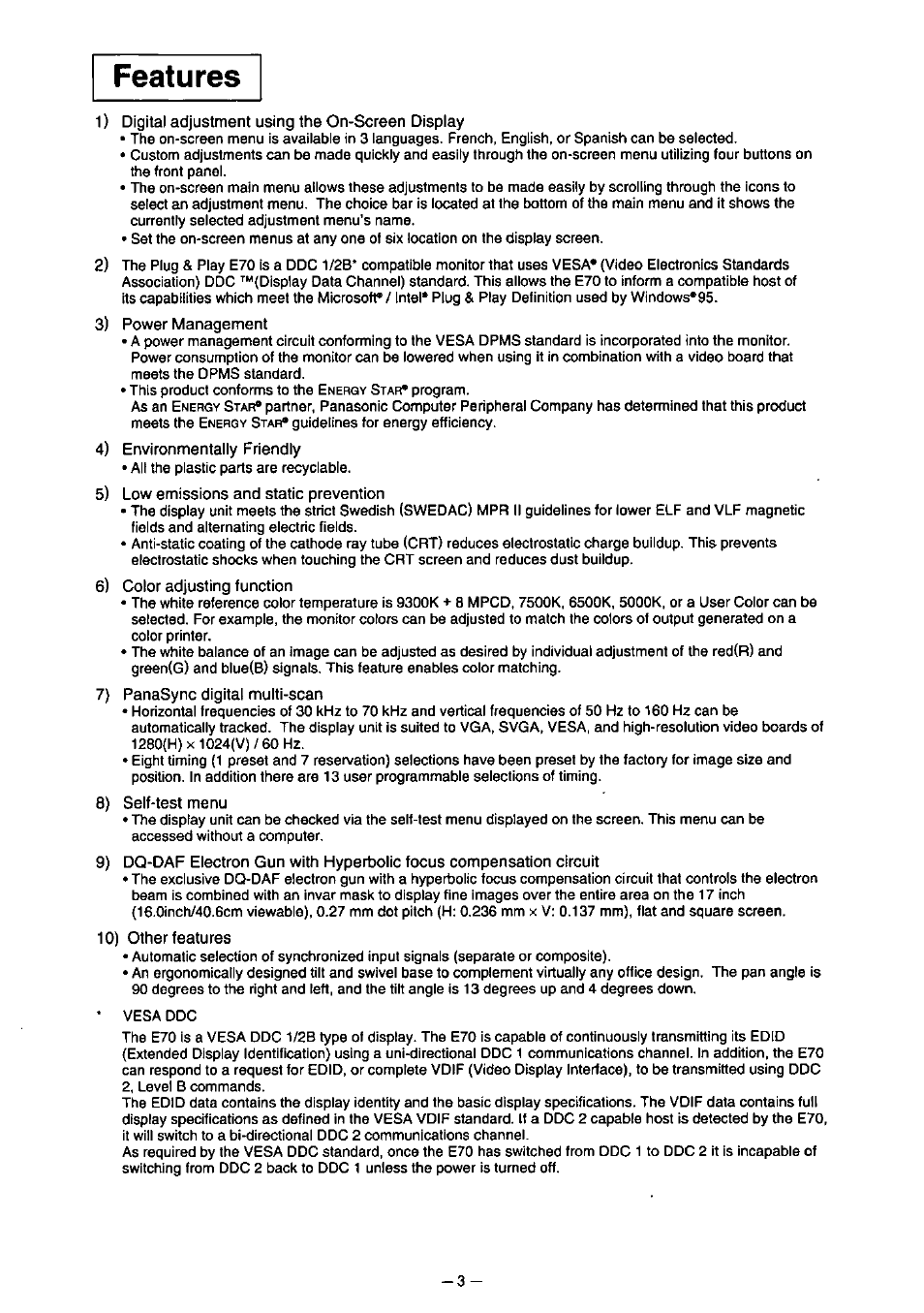 Environmentally friendly, Low emissions and static prevention, Color adjusting function | Panasync digital multi-scan, Self-test menu, 10) other features | Panasonic PANASYNC TX-D7F21 User Manual | Page 7 / 64