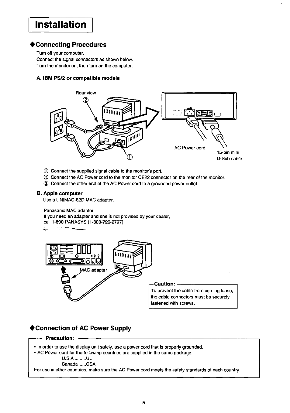 Connecting procedures, Connection of ac power supply, Yd ddd | Installation | Panasonic PANASYNC TX-D7F21 User Manual | Page 9 / 64
