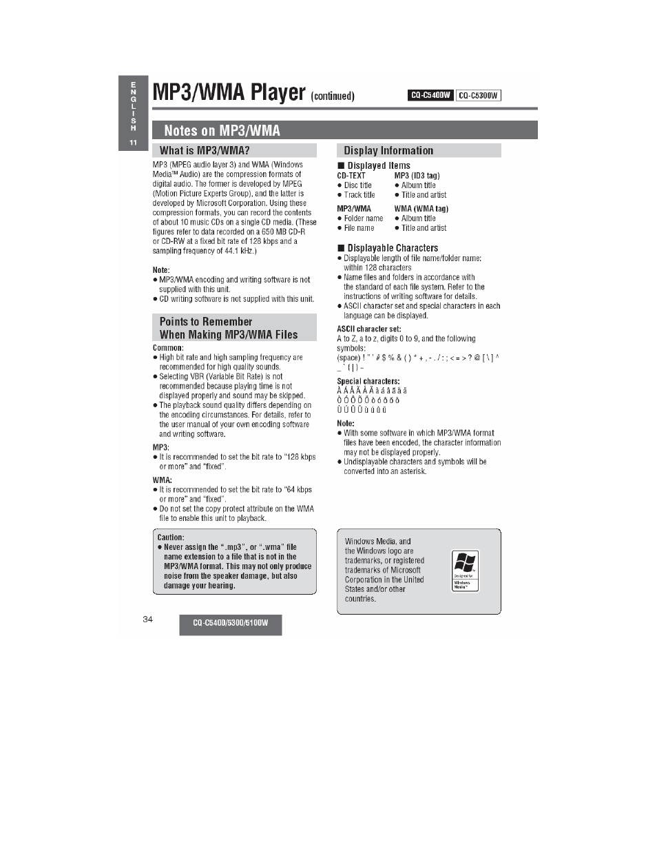 Displayable characters, Mp3/wma player | Panasonic CQ-C5100W User Manual | Page 21 / 48