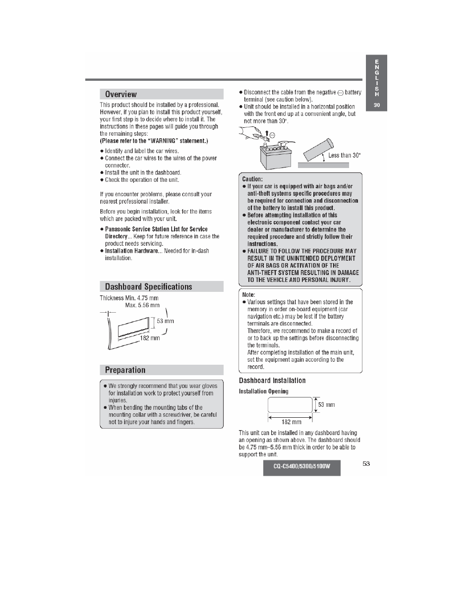 Overview, Dashboard specitications, \ preparation | Dashboard installation | Panasonic CQ-C5100W User Manual | Page 40 / 48