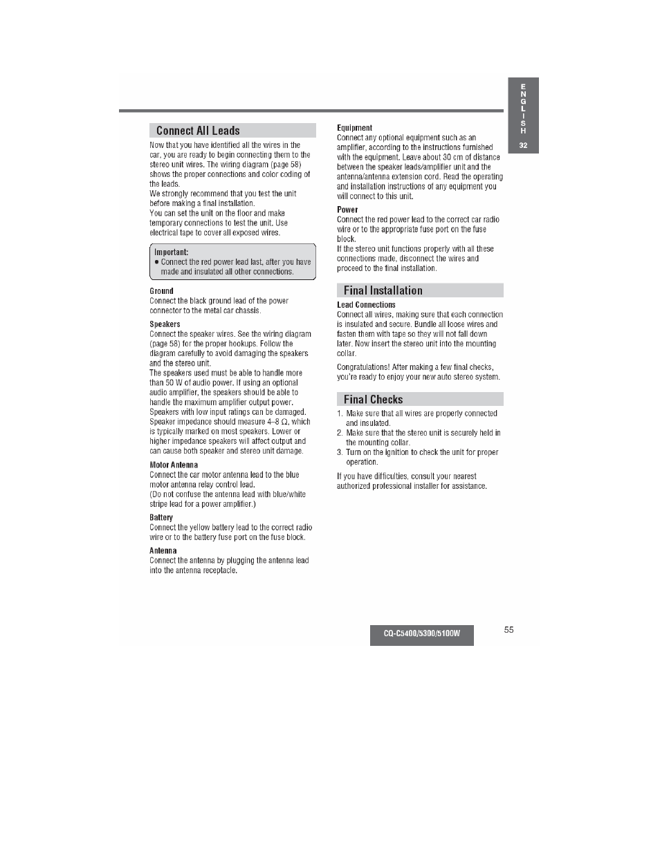 Connect all leads, Final installation, Final checks | Panasonic CQ-C5100W User Manual | Page 42 / 48