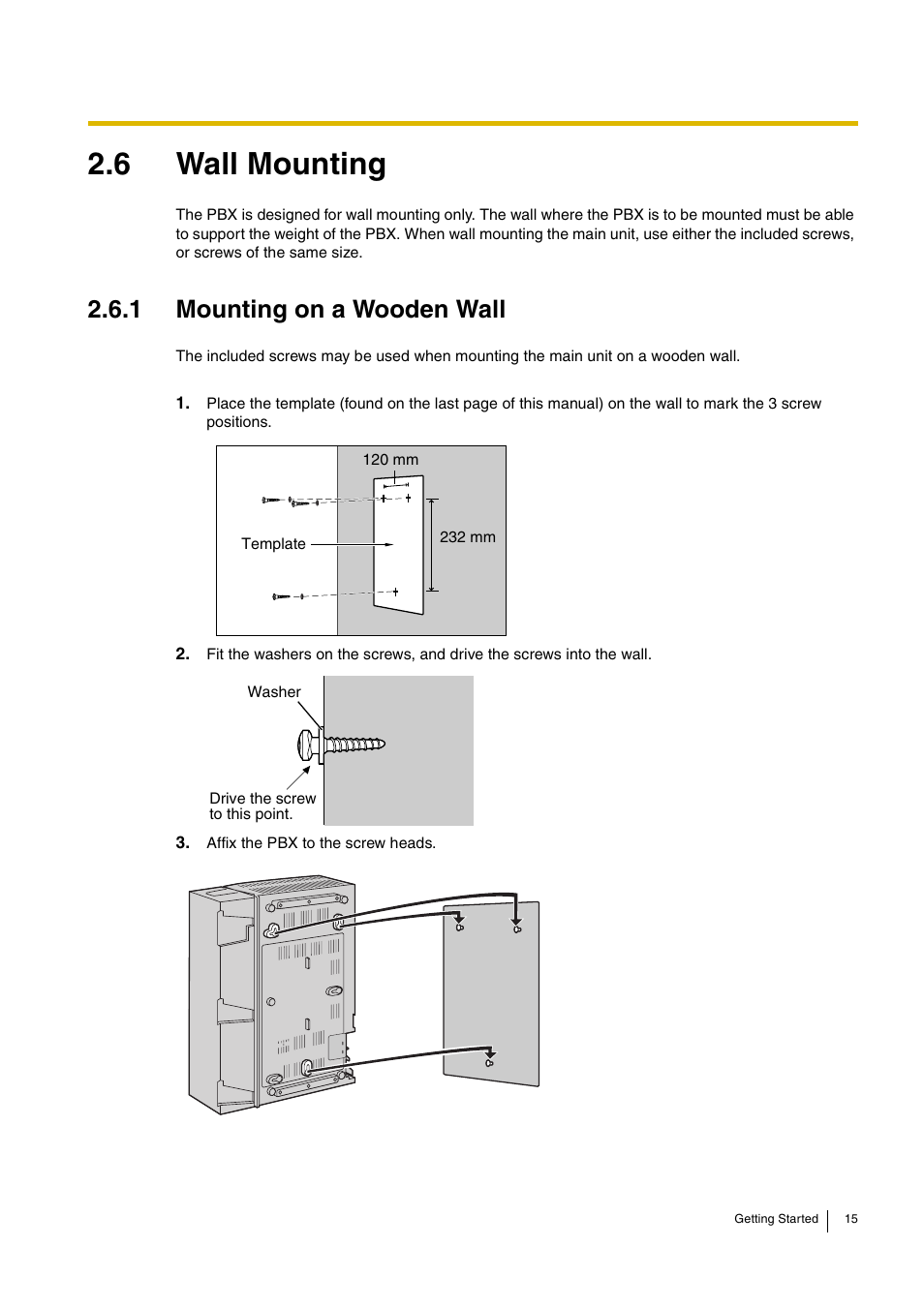 6 wall mounting, 1 mounting on a wooden wall | Panasonic ADVANCED HYBRID KX-TEB308 User Manual | Page 15 / 36