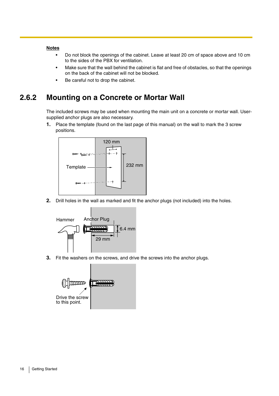 2 mounting on a concrete or mortar wall | Panasonic ADVANCED HYBRID KX-TEB308 User Manual | Page 16 / 36