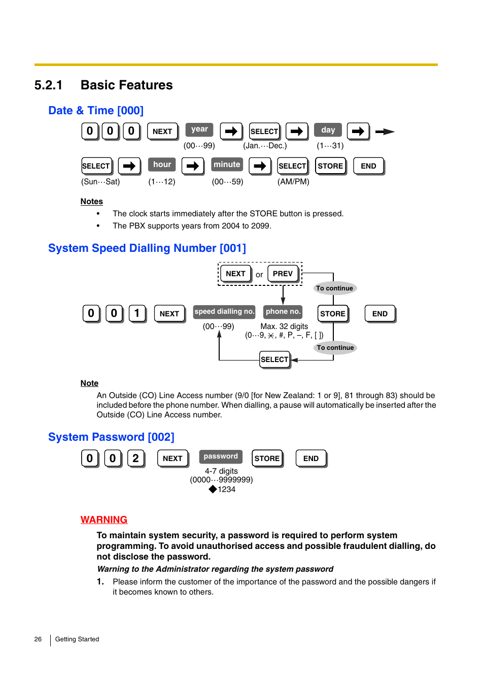 1 basic features, Date & time [000, System speed dialling number [001 | System password [002 | Panasonic ADVANCED HYBRID KX-TEB308 User Manual | Page 26 / 36