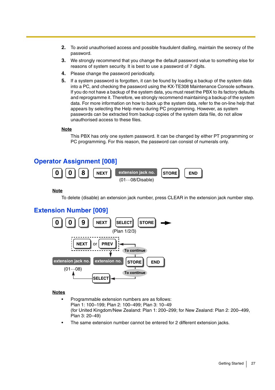 Operator assignment [008, Extension number [009 | Panasonic ADVANCED HYBRID KX-TEB308 User Manual | Page 27 / 36