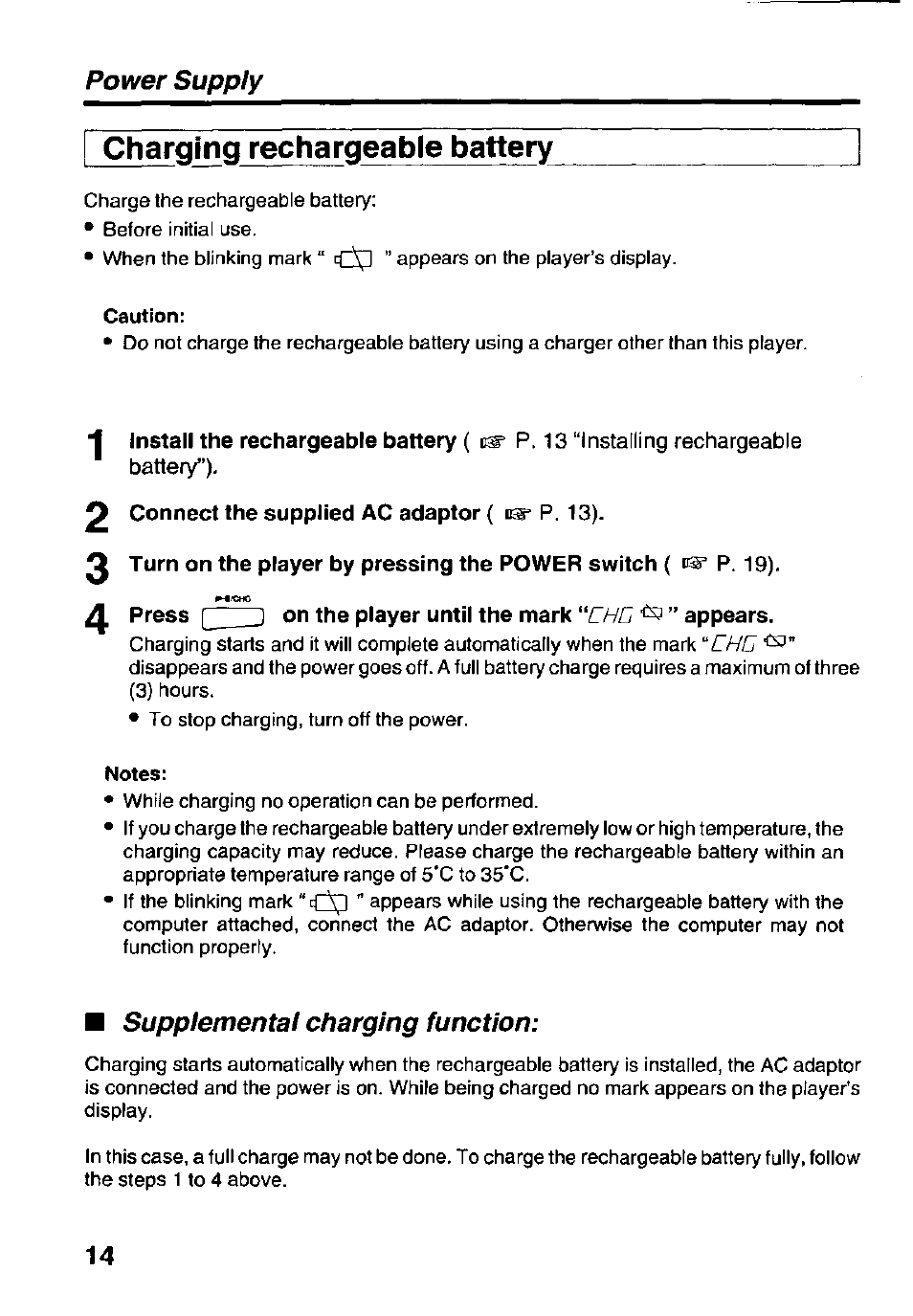 Charging rechargeable battery, Caution, 2 connect the supplied ac adaptor ( p. 13) | On the player until the mark 'thc ” appears, Notes, Power supply | Panasonic KXL-D740 User Manual | Page 14 / 40
