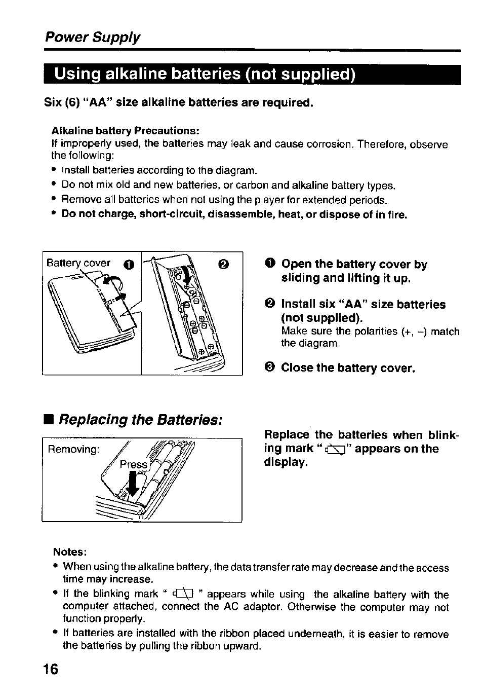 Using alkaline batteries (not supplied), Six (6) “aa” size alkaline batteries are required, Install six “aa” size batteries (not supplied) | 0 close the battery cover, Power supply | Panasonic KXL-D740 User Manual | Page 16 / 40