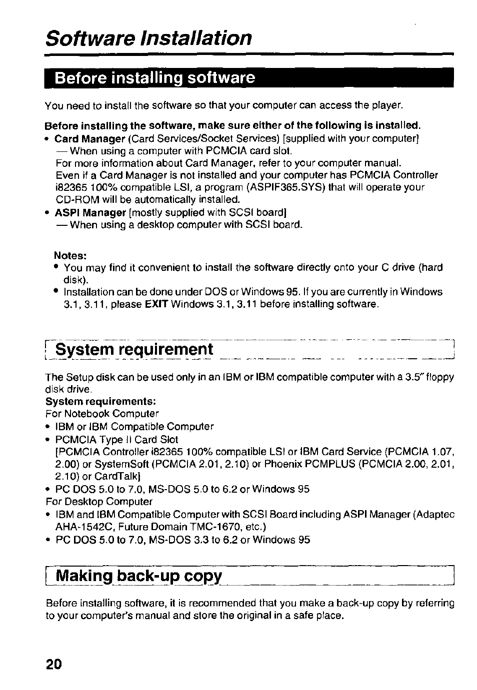 Software installation, Before installing software, Notes | System requirement, Making back-up copy | Panasonic KXL-D740 User Manual | Page 20 / 40