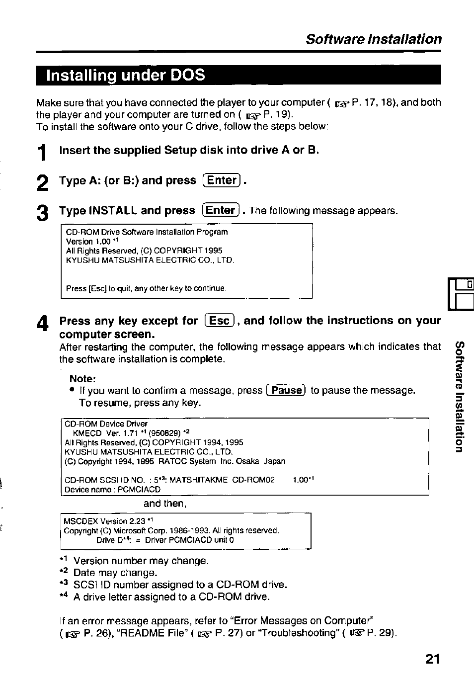 Installing under dos, Software installation | Panasonic KXL-D740 User Manual | Page 21 / 40