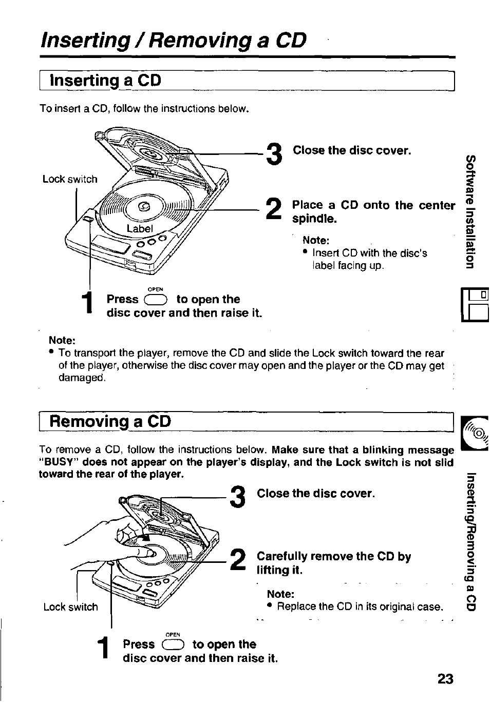 Inserting / removing a cd, Inserting a cd, 2 close the disc cover | Place a cd onto the center — spindle. w, Removing a cd, Close the disc cover, Carefully remove the cd by lifting it, Press cd to open the disc cover and then raise it, Inserting/removing a cd | Panasonic KXL-D740 User Manual | Page 23 / 40