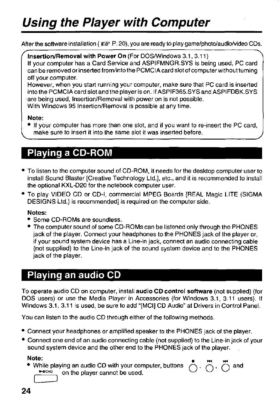 Using the player with computer, Note, Playing a cd-rom | Notes, Playing an audio cd | Panasonic KXL-D740 User Manual | Page 24 / 40