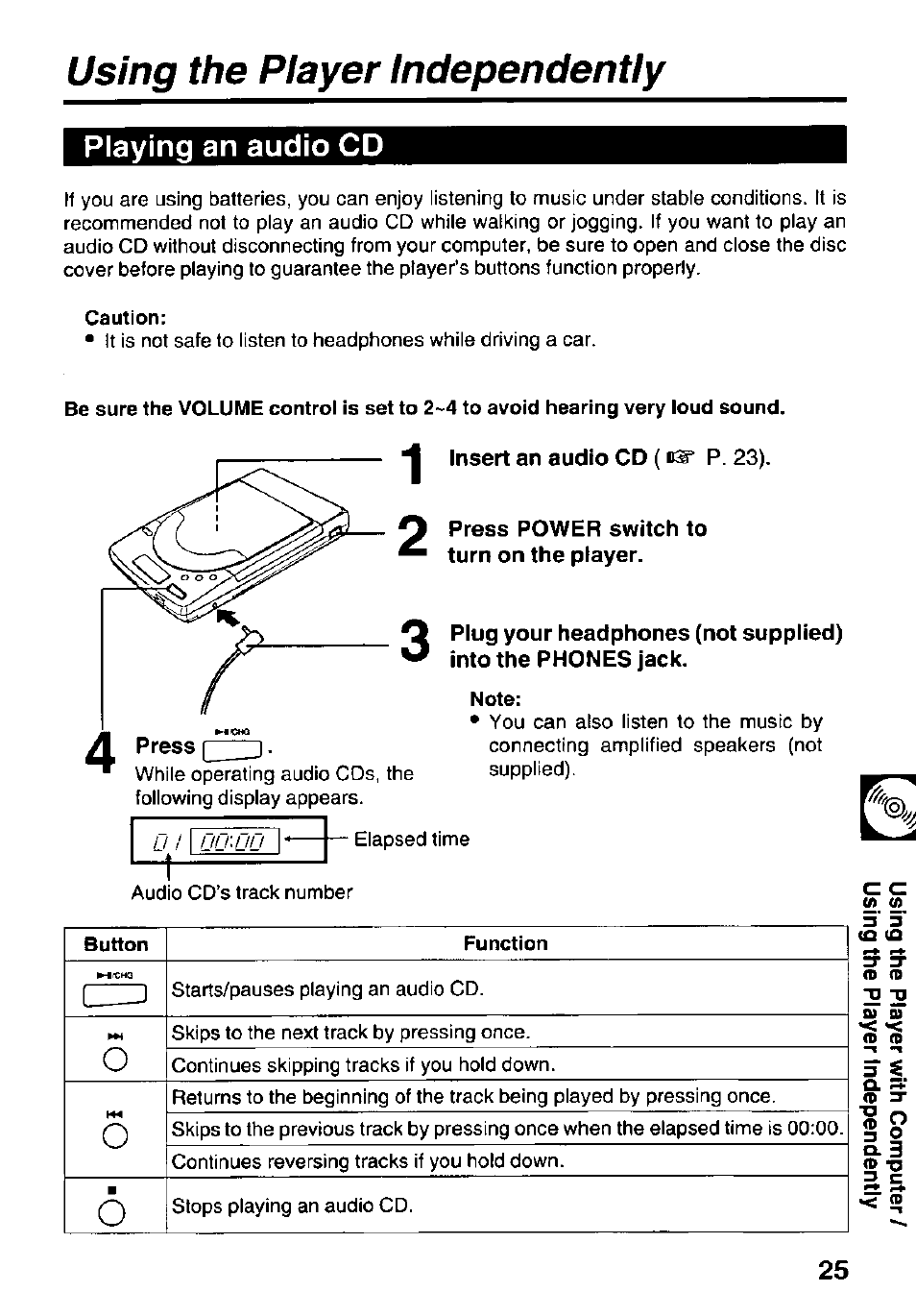 Using the player independently, Playing an audio cd, Caution | Press power switch to turn on the player, Note, A' 5 | Panasonic KXL-D740 User Manual | Page 25 / 40