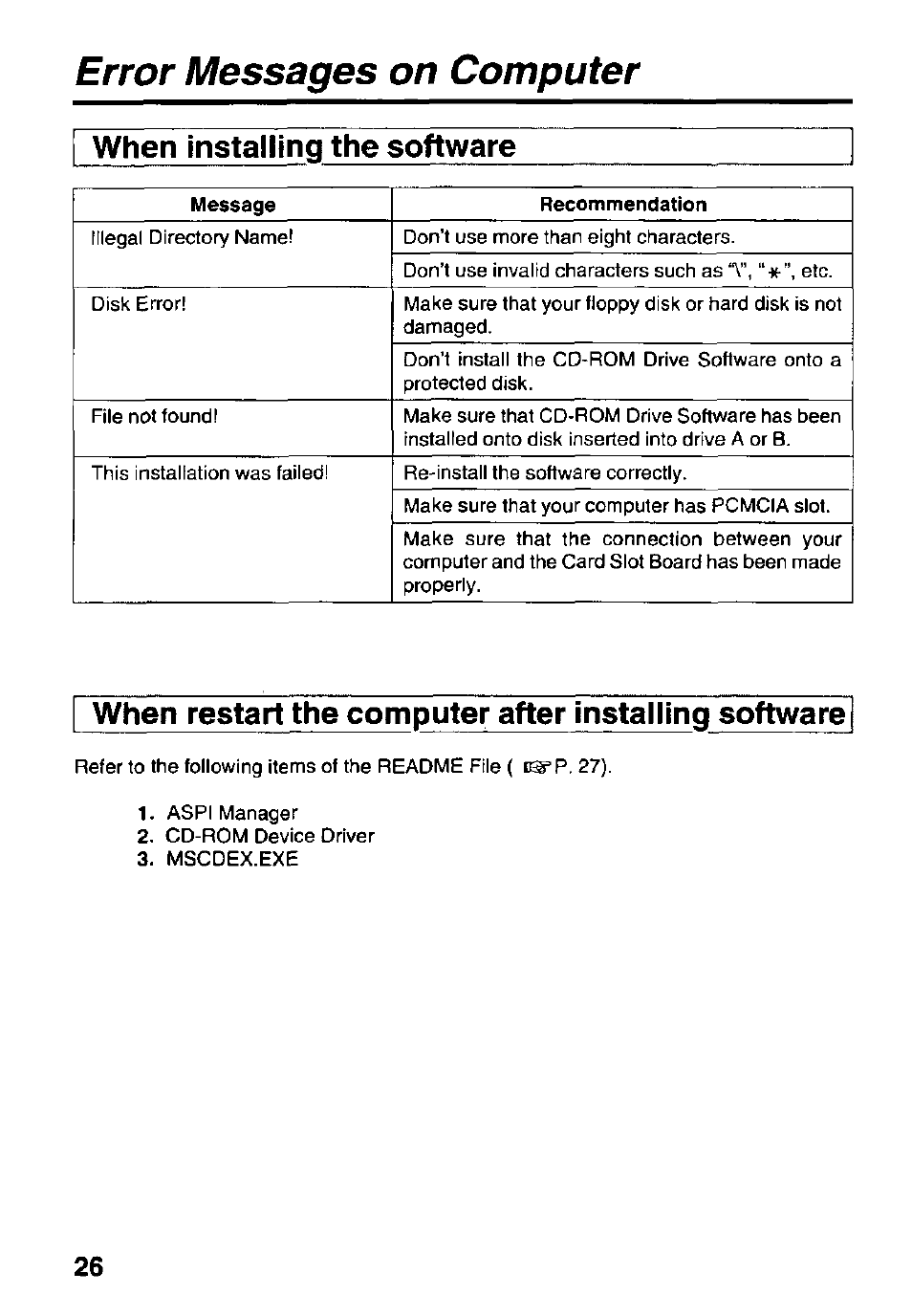 Error messages on computer, When installing the software | Panasonic KXL-D740 User Manual | Page 26 / 40