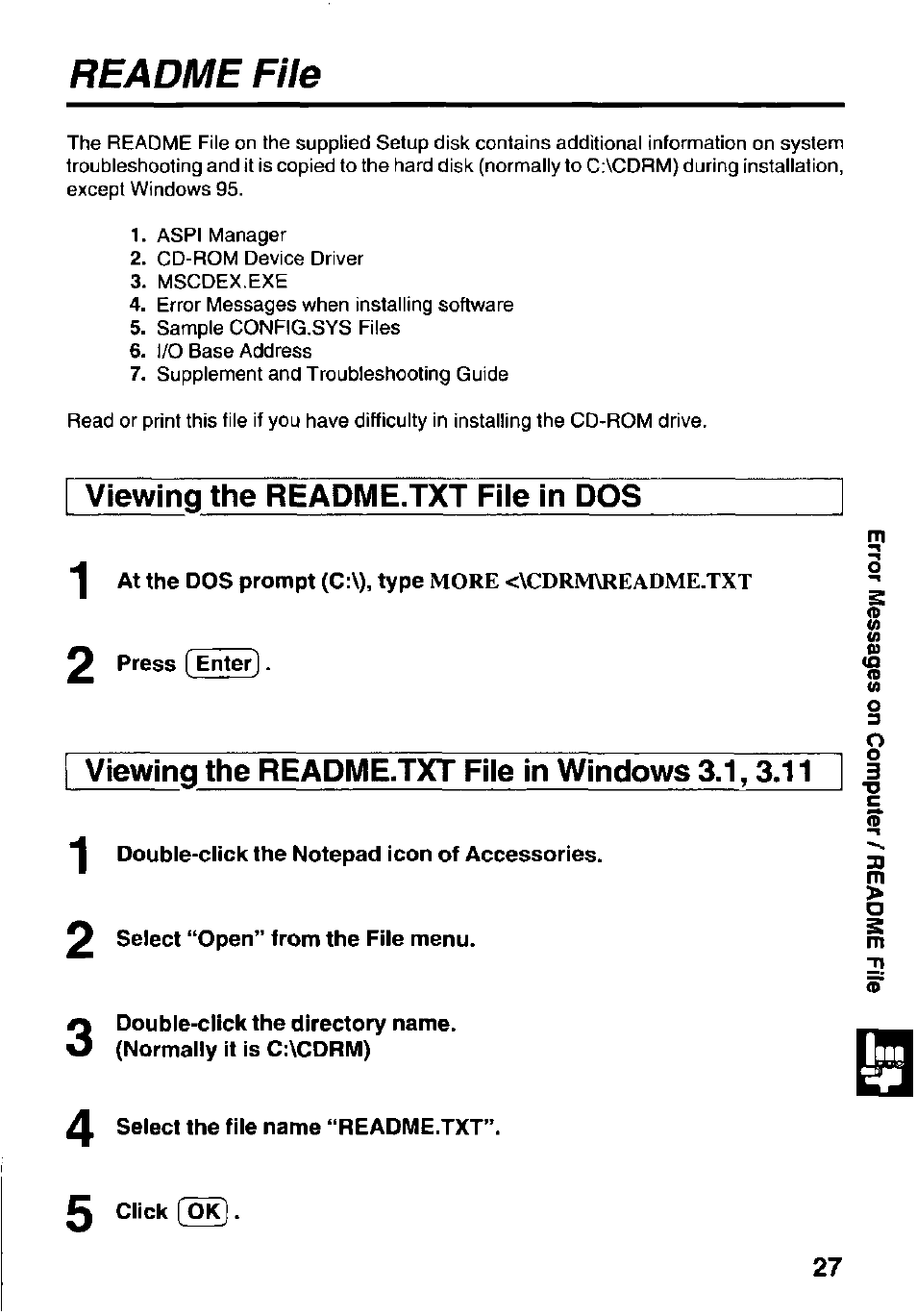 Readme file, Viewing the readme.txt file in dos, Viewing the readme.txt file in windows 3.1,3,11 | 4 select the file name “readme.txt, 0 click fox | Panasonic KXL-D740 User Manual | Page 27 / 40