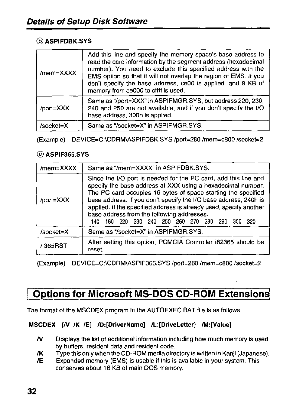 Options for microsoft ms-dos cd-rom extensions, Detaits of setup disk software | Panasonic KXL-D740 User Manual | Page 32 / 40