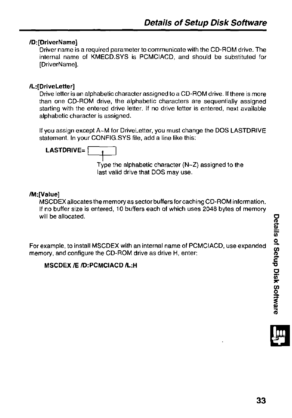 D:[drivername, L;[driveletter, Lastdrive | M:[vatue, Mscdex /e /d:pcmciacd /l:h, Detaiis of setup disk software | Panasonic KXL-D740 User Manual | Page 33 / 40