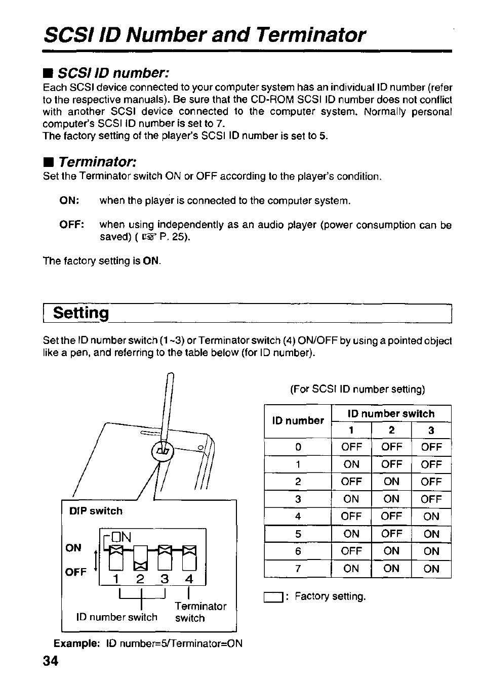 Scsi id number and terminator, Setting | Panasonic KXL-D740 User Manual | Page 34 / 40