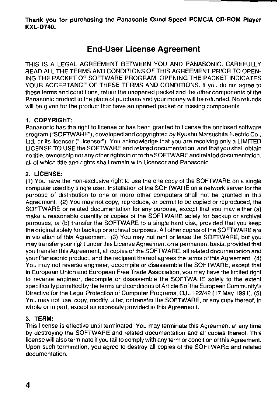 End-user license agreement, Copyright, License | Term | Panasonic KXL-D740 User Manual | Page 4 / 40